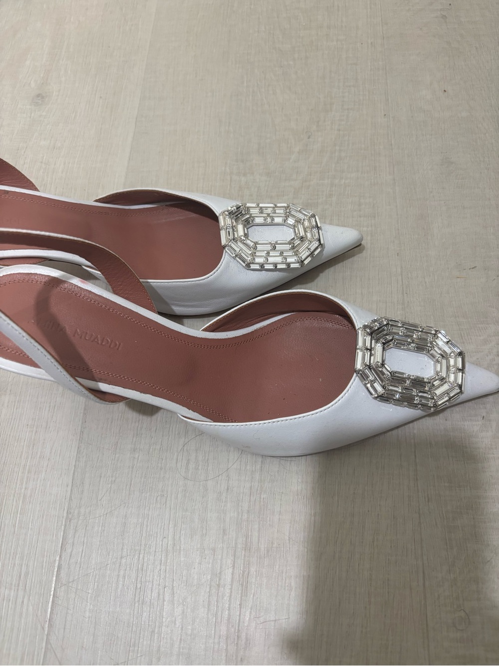 Amina Muaddi White Pointed Slingback Flats with Crystal Buckle - Picture 3 of 3